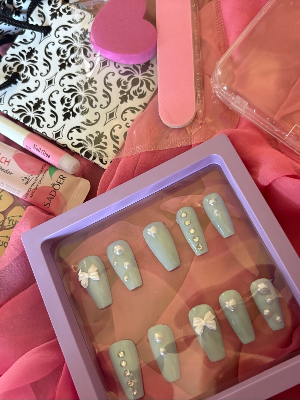 Pastel Blue Pearl & Bow Press-On Nails - Charming Salon style Kit